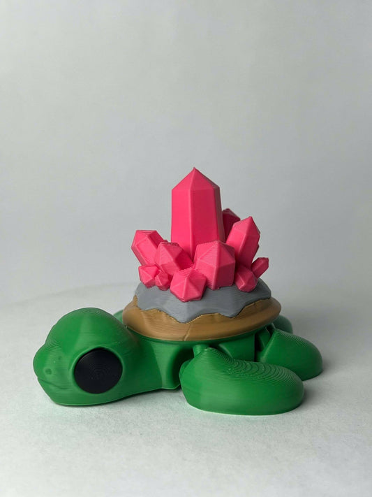 Turtle Crystal  - 3D Printed - Flexie - Green Turtle With Pink Crystals - LIMITED EDITION