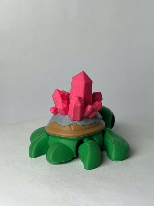 Turtle Crystal - 3D Printed - Flexie - Green Turtle With Pink Crystals - LIMITED EDITION