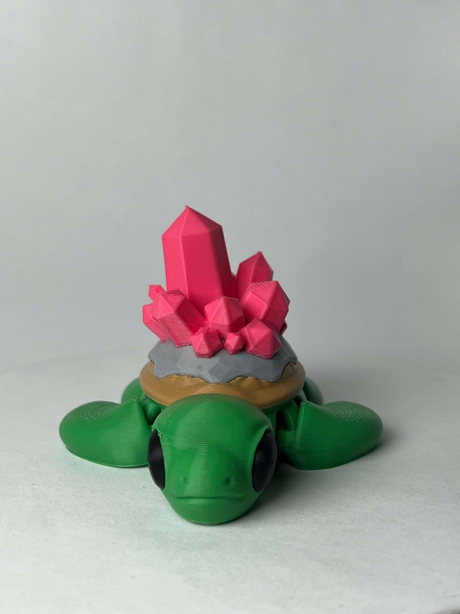 Turtle Crystal - 3D Printed - Flexie - Green Turtle With Pink Crystals - LIMITED EDITION
