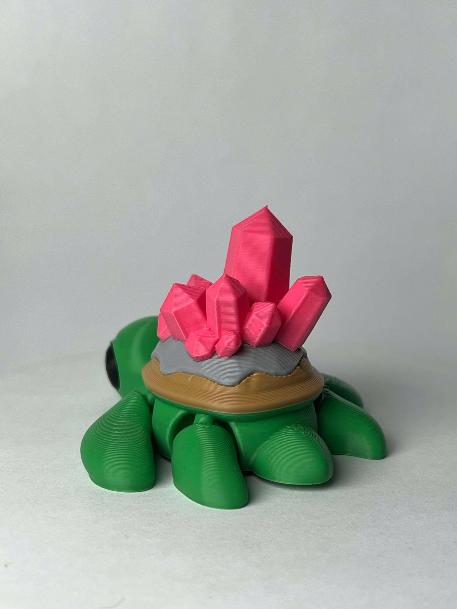 Turtle Crystal - 3D Printed - Flexie - Green Turtle With Pink Crystals - LIMITED EDITION