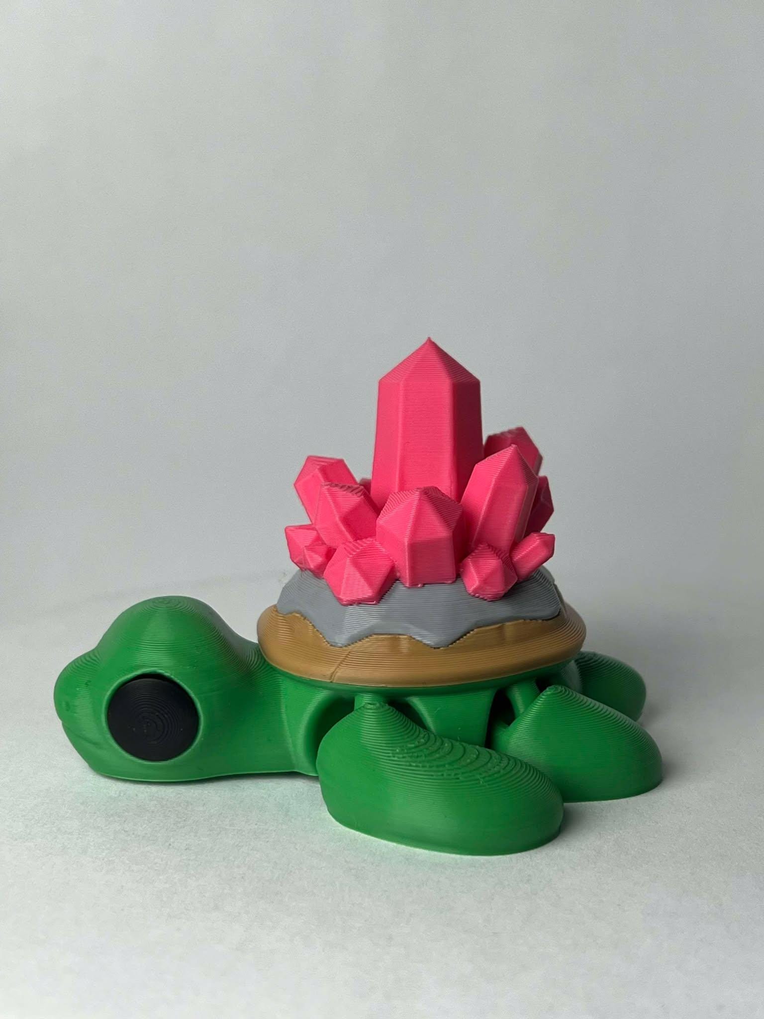 Turtle Crystal - 3D Printed - Flexie - Green Turtle With Pink Crystals - LIMITED EDITION